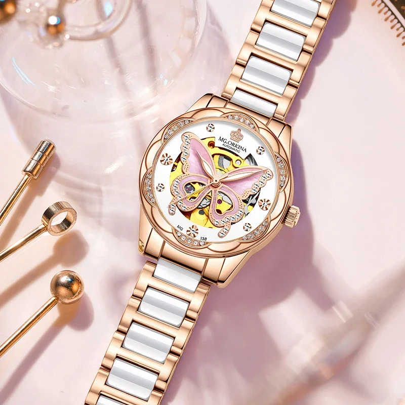 ORKINA Fashion Women Mechanical Watches Ceramic Steel Strap Luxury Butterfly Dial Automatic Ladies WristWatches Gift Reloj Mujer