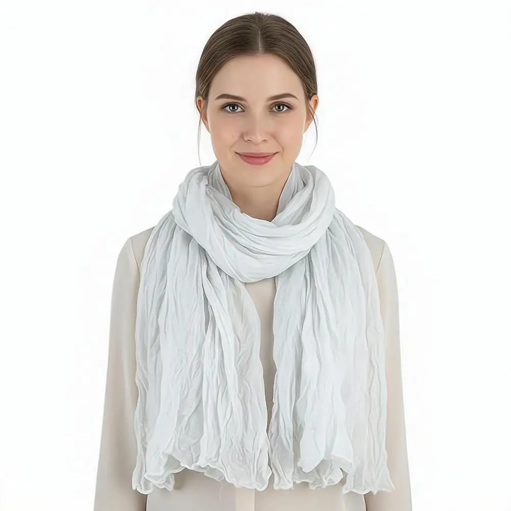 Solid Color Pleated Long Scarves Retro Autumn Winter Cotton Hemp Scarf Warm Neck Wrinkled Twisted Vintage Soft Wrap Shawl ﻿