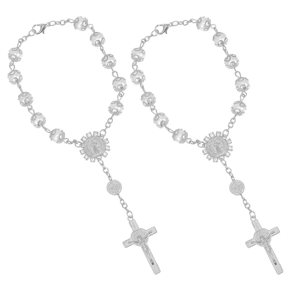 

2Pcs Cross Pendant for Car Mirror Gold Silver Lace Imitation Pearl Interior Blessing Cross Rosary for Car Mirror