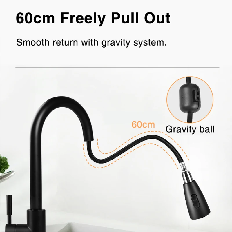 Pull-out Midnight Black Stainless Steel Kitchen Sink Faucet Single Hole Hot And Cold Water Mixer Deck Mounted Tap