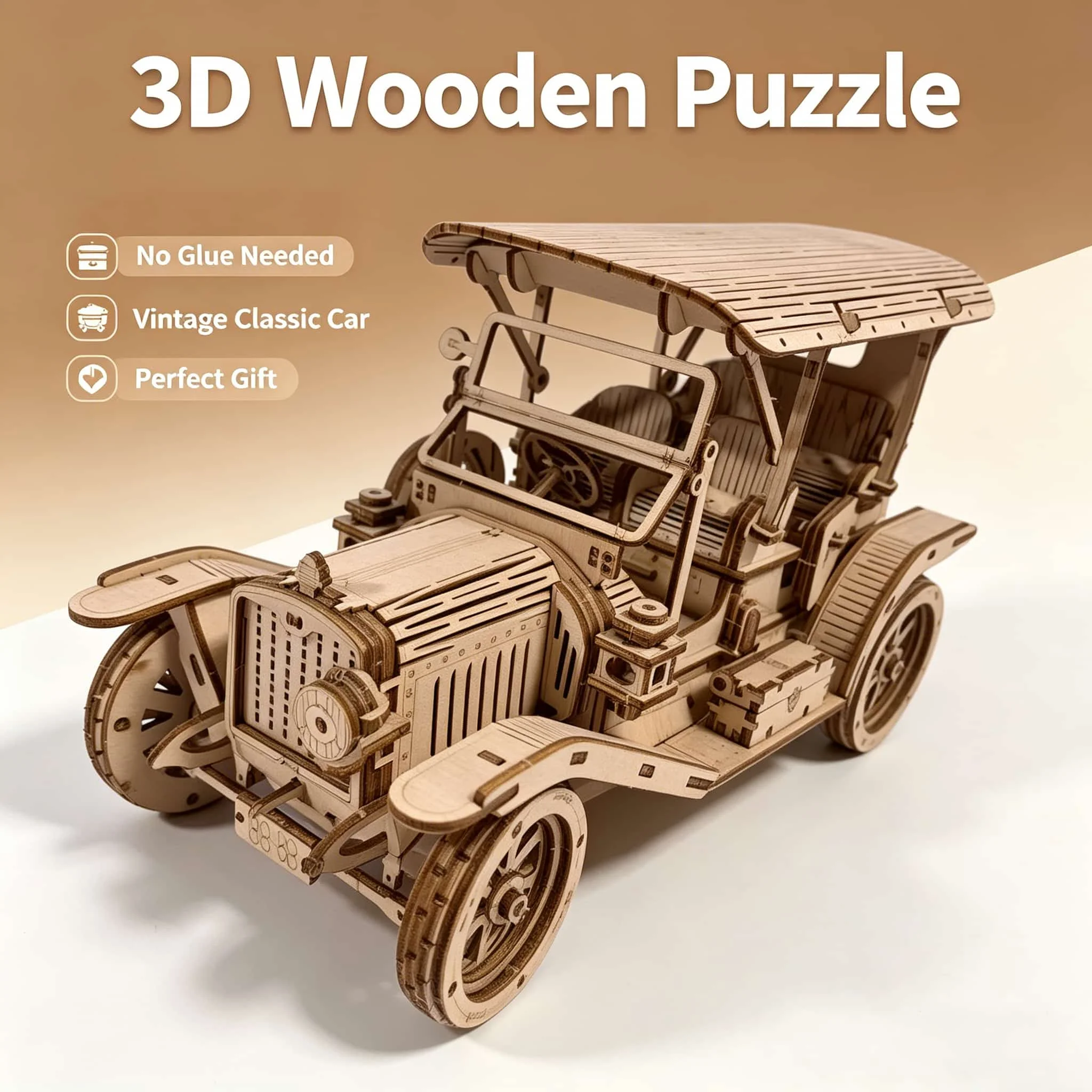 

Vintage Classic Car 3D Wooden Puzzle Model Kit | No Glue Needed DIY Assembly Retro Vehicle Building Set for Adults Men