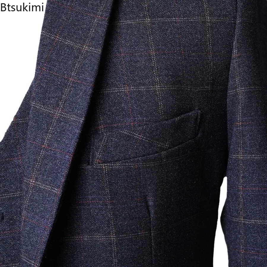 High Quality Men's Plaid Three-pieces Fashion Slim Business Party Formal Elegant Blazer Sets (Jacket+Pants+Vest) Prom Wedding
