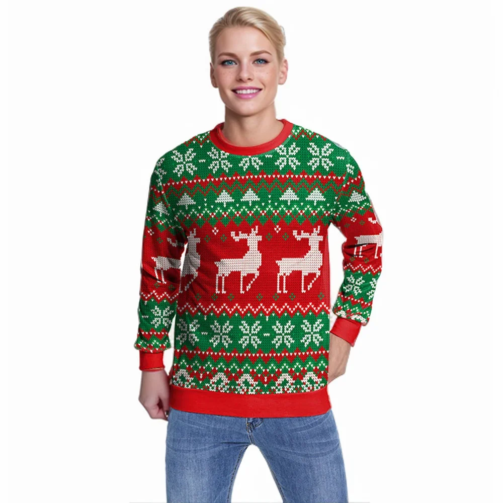 Men Women Holiday Party Sweatshirt 3D Funny Print New Year Eve Tacky Xmas Jumper Tops Pullover Reindeer Ugly Christmas Sweater