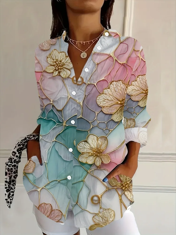 

Винтажная блузка с градиентным цветочным принтом, элегантная, с заниженной линией плеча, свободного кроя, с длинными рукавами, прозрачным воротником и пуговицами, женская повседневная рубашка для весны и осени
