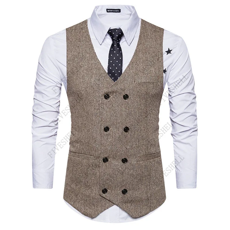 Mens Vest Slim Fit Sleeveless Wool Tweed Waistcoat Men Double Breasted Herringbone Tweed Vest Men Business Casual Gilet Men XXL