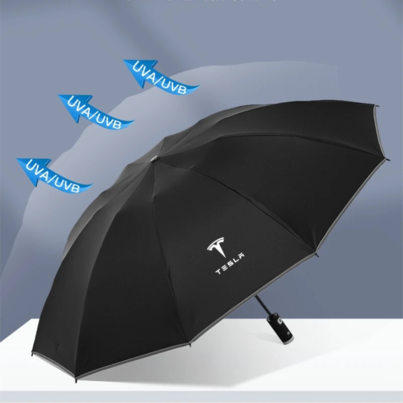 Fully Automatic UV Umbrella With LED Flashlight Reflective Stripe Reverse Umbrella For teslas model 3 model X Y S