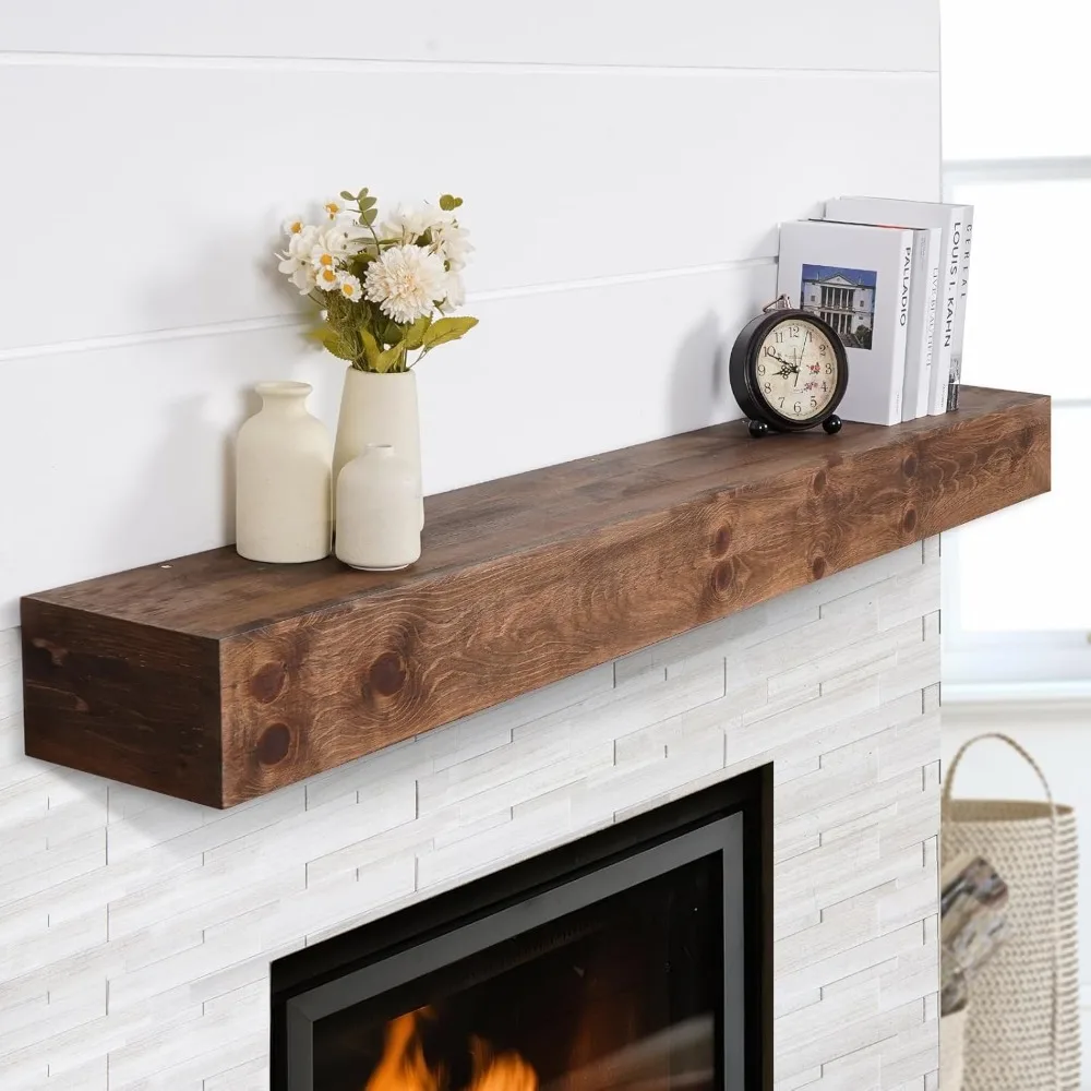 

60 Inch Solid Wood Rustic Farmhouse Mantel Shelf with Invisible Brackets and Heavy Duty Support