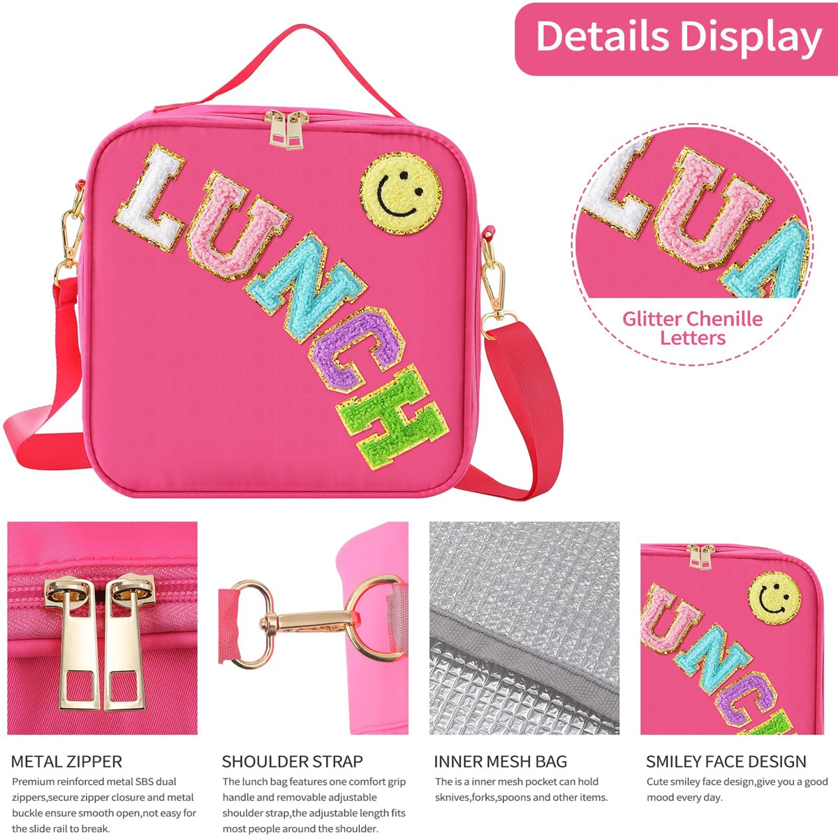 Insulated Lunch Bag With Adjustable Shoulder Strap, Nylon Preppy Lunch Box Insulated Bag, Chenille Letter Patch Decor Insulation