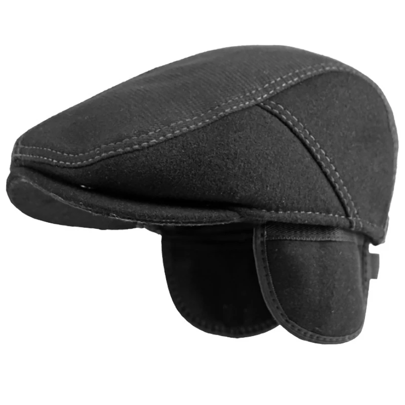 HT4115 Berets Men Cap Thick Warm Wool Beret Hat with Ear Flap Retro Flat Cap Male Ajustable Autumn Winter Beret Cap