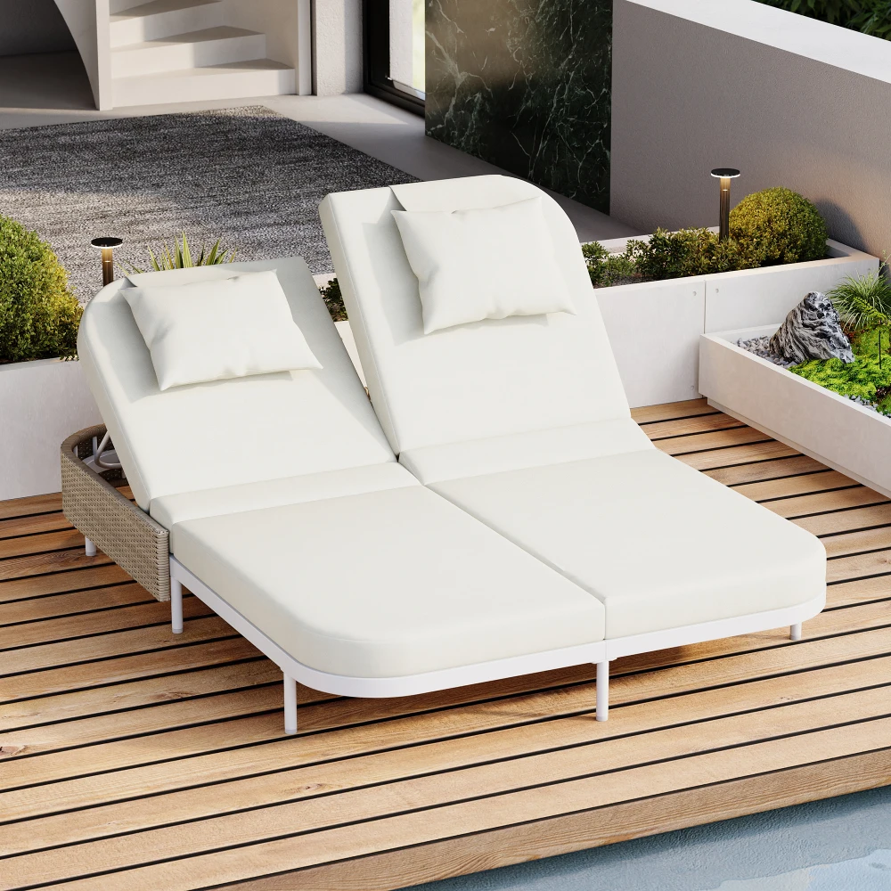 

TREXM Outdoor Rattan Daybed:5-Pos Adj Backrest, Removable Cushions/Pillows,Iron Frame for Poolside(White+Beige)