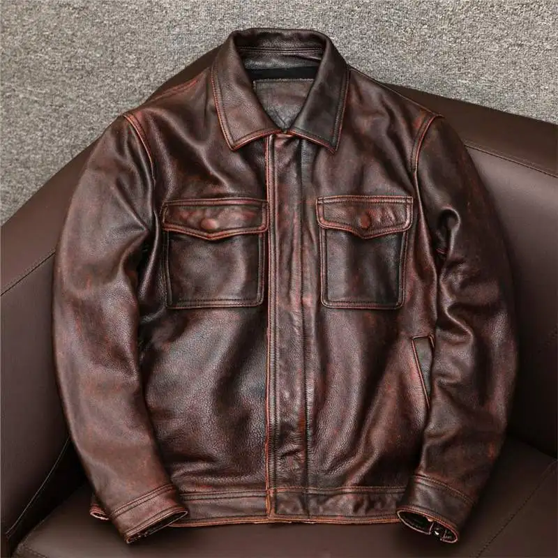 Genuine Texture Leather Jacket Men Special Offer Lapel Collar Cropped Cowhide Grain Padded Coat Plus Size Outerwear Autumn
