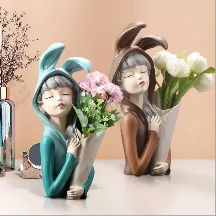 

Modern Rabbit Ear Girl Vase Resin Ornaments Office Desktop Statue Decoration Home Livingroom Flower Arrangement Figurines Crafts