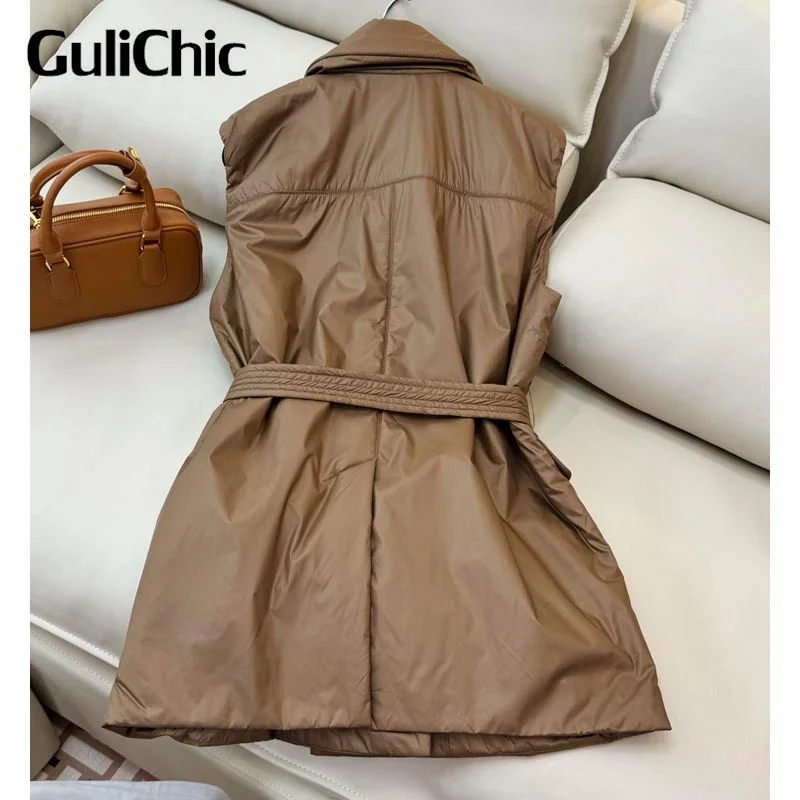 9.12 GuliChic Women Double Breasted Turn-Down Collar Sleeveless Vest Jacket With Belt Collect Waist Temperament Mid-Length Coat