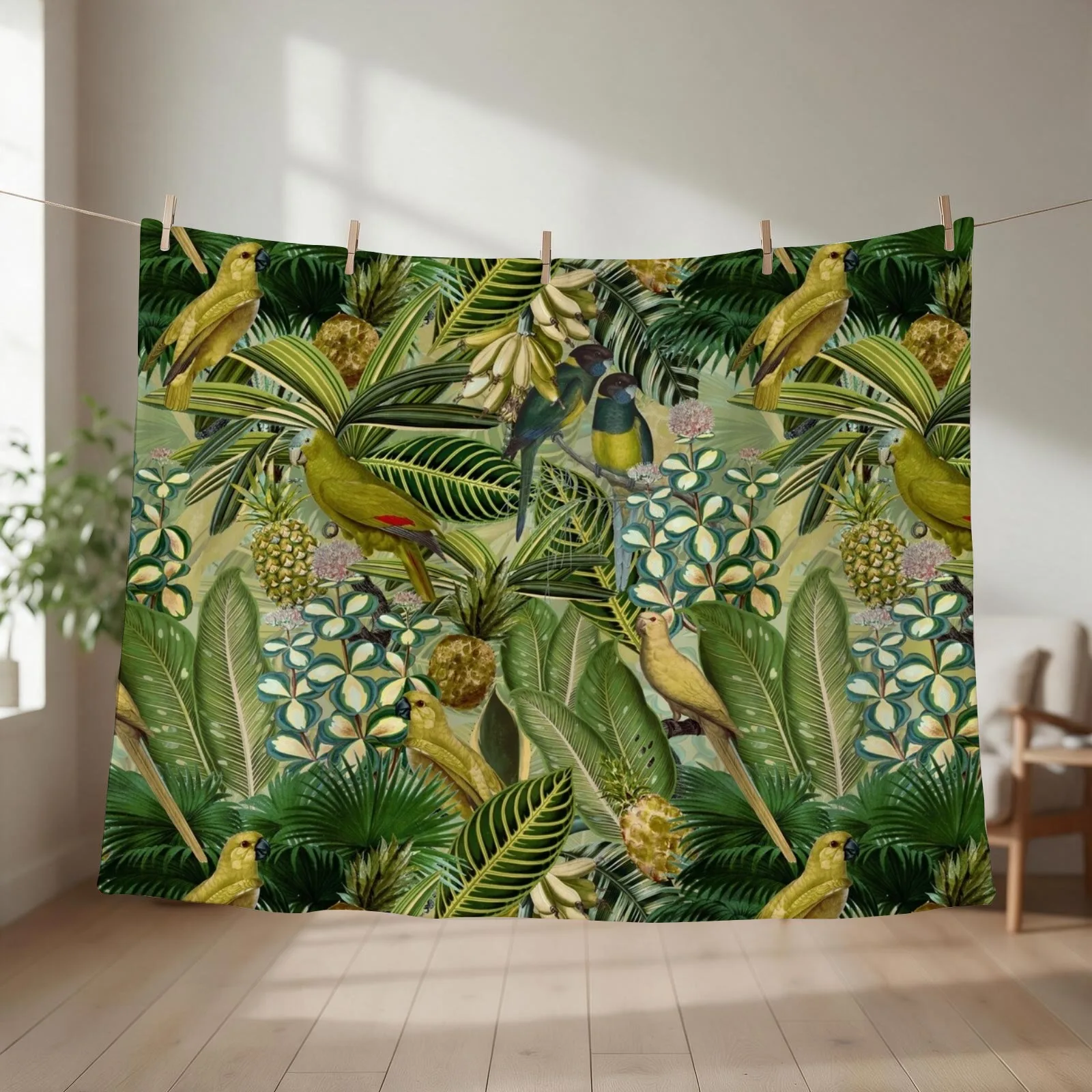 Vintage Green Tropical Bird Jungle Botanical Night Garden Nightgarden Throw Blanket