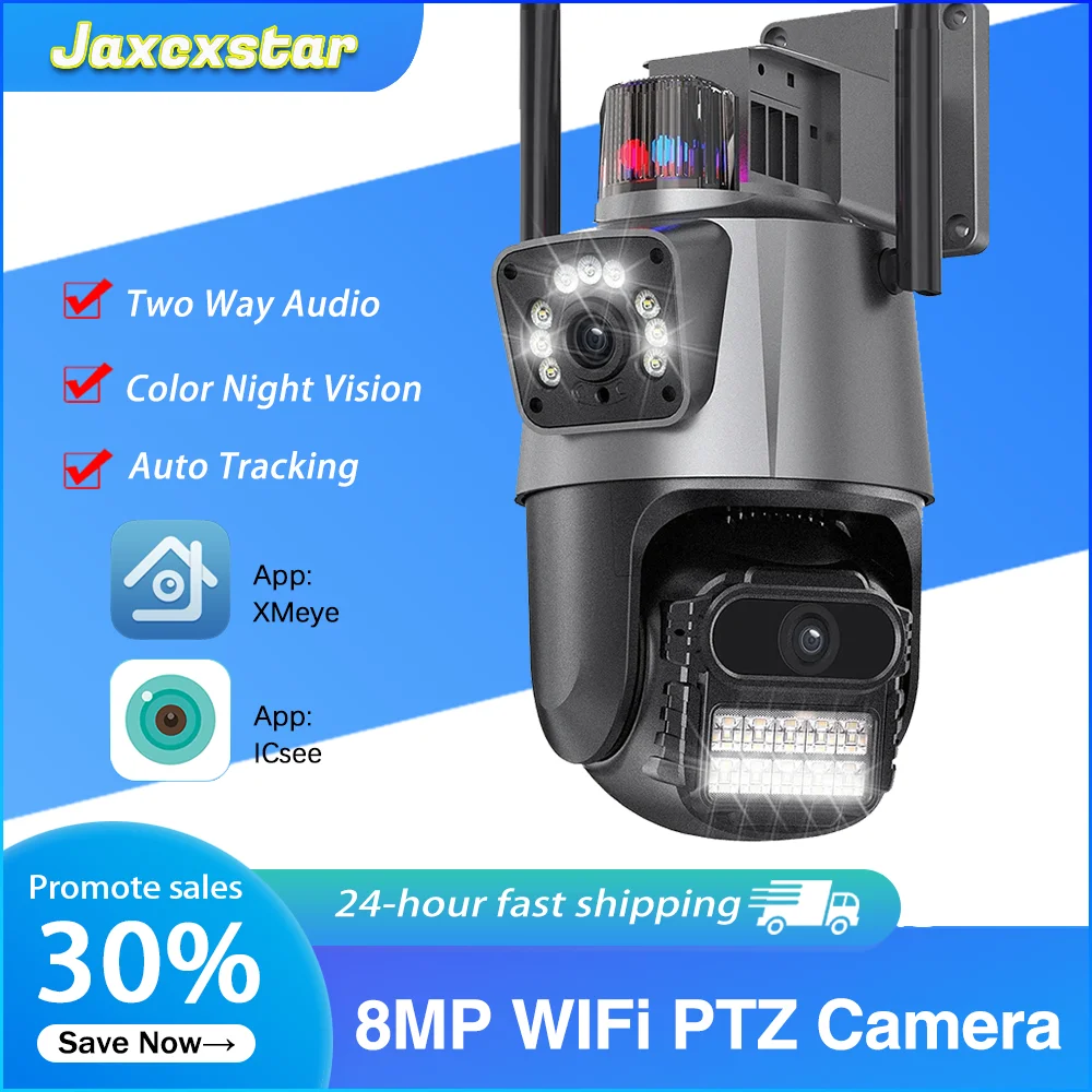 

External 8MP 4K PTZ WiFi Camera Outdoor Dual Lens CCTV Video Police Light Alarm Security Track Protection Surveillance P2P iCSee