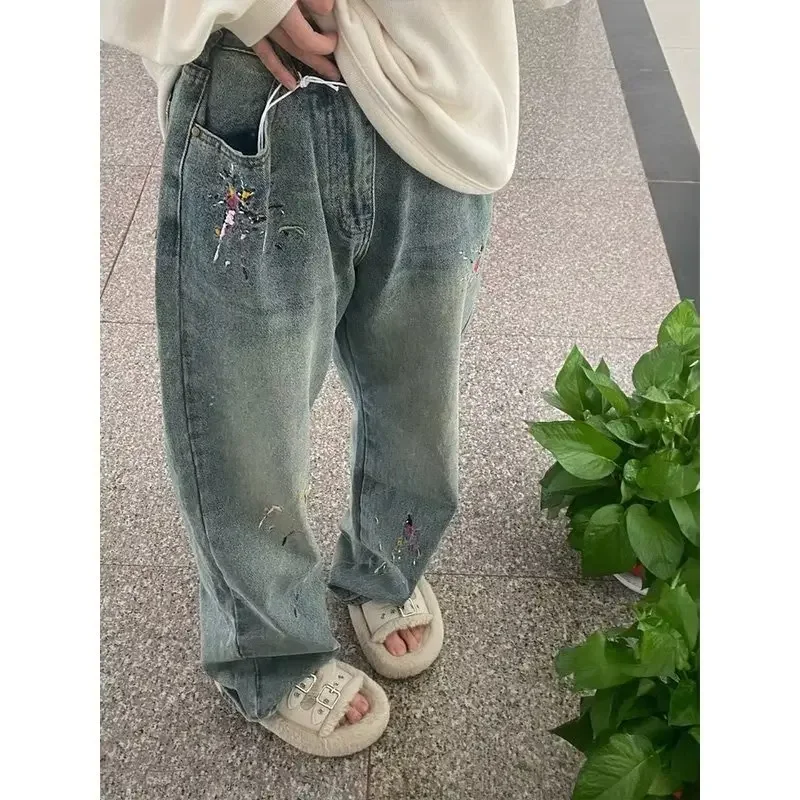 

Vintage Embroidery Jeans Female Spring and Autumn Washed Old Straight Thin High Waisted Narrow Version of Wide Legged Trousers