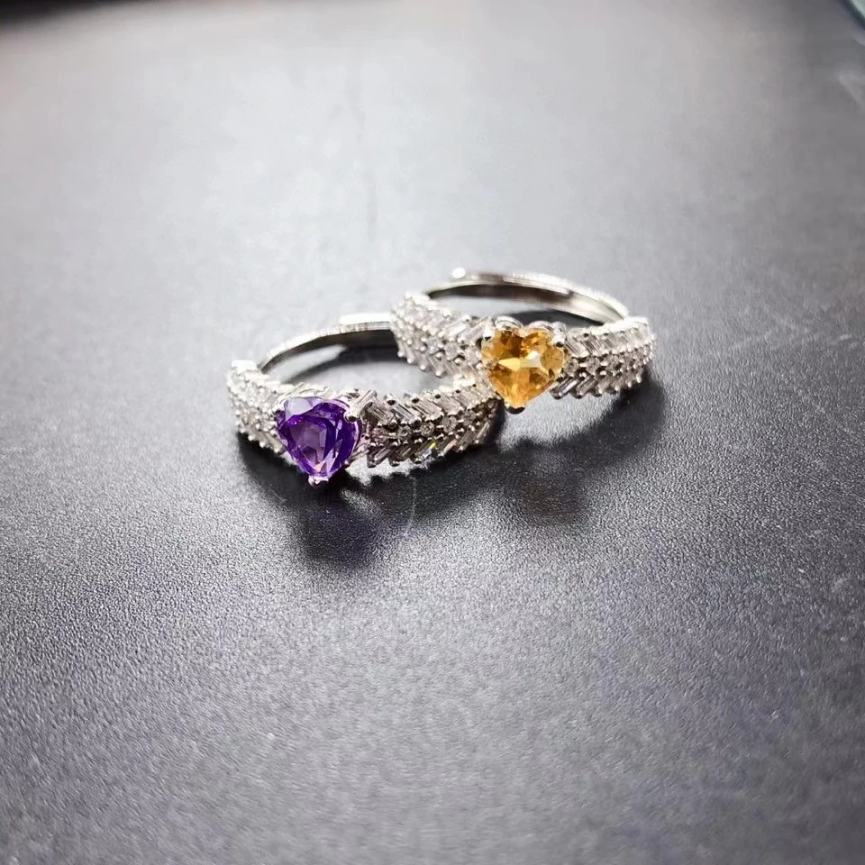 Dazzling Natural Gemstone Ring for Engagement 6mm Heart Shape Amethyst Citrine 925 Silver Ring with 3 Layers 18K Gold Plated