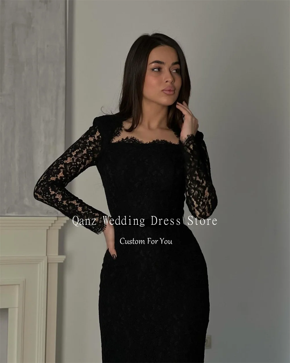 Qanz Dubai Evening Dress 2024 Luxury Arab Black Lace with Jacket Mermaid Long Sleeves Party Gown Vestidos De Fiesta Customized