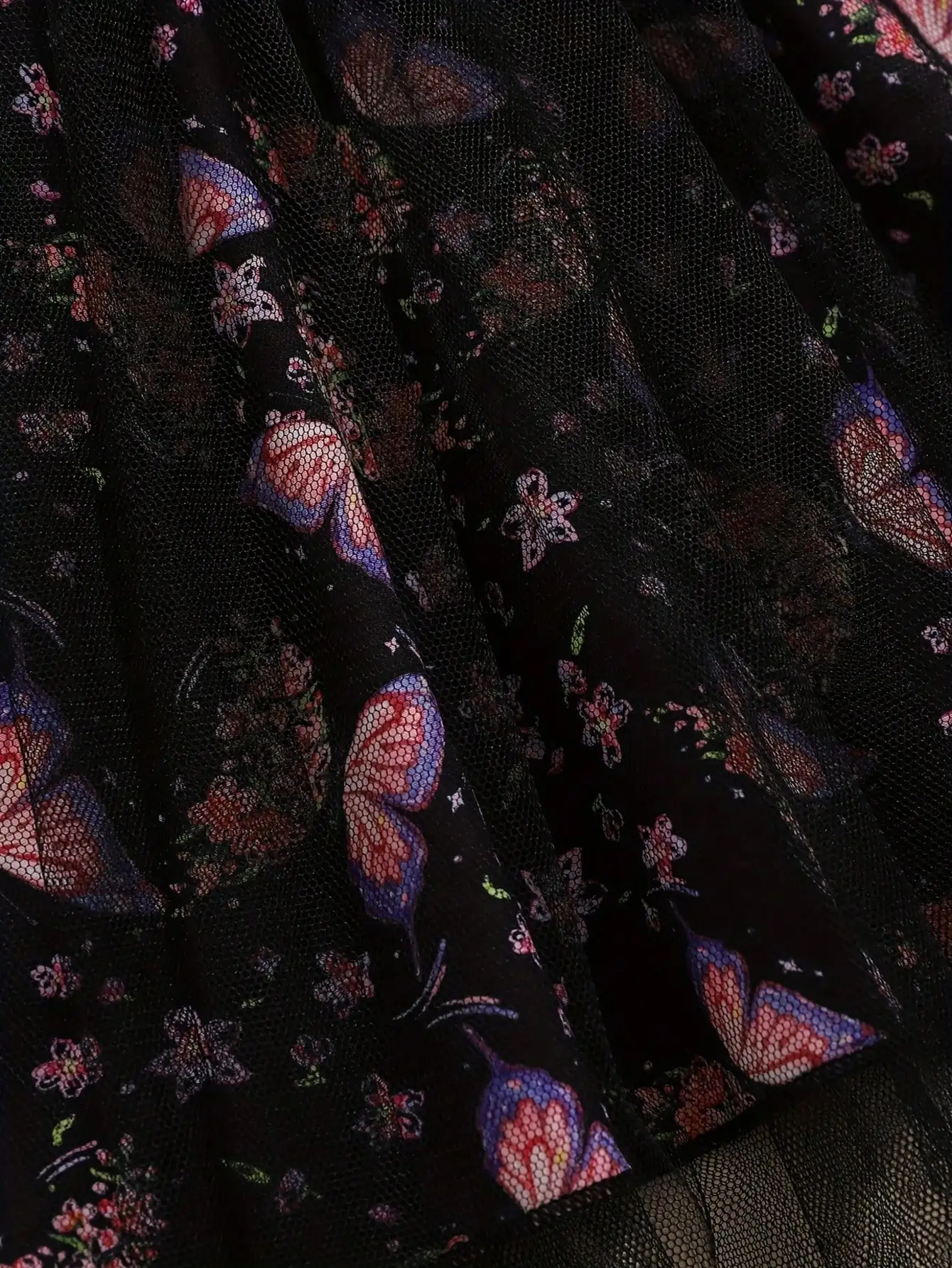 2026 Frühling/Sommer Herbst Eleganter Rundhals-Langarm-Mesh-Kleid mit Schmetterlingsdruck und Trompetenrock, Geeignet für Tägliche Reisen – Detail 6