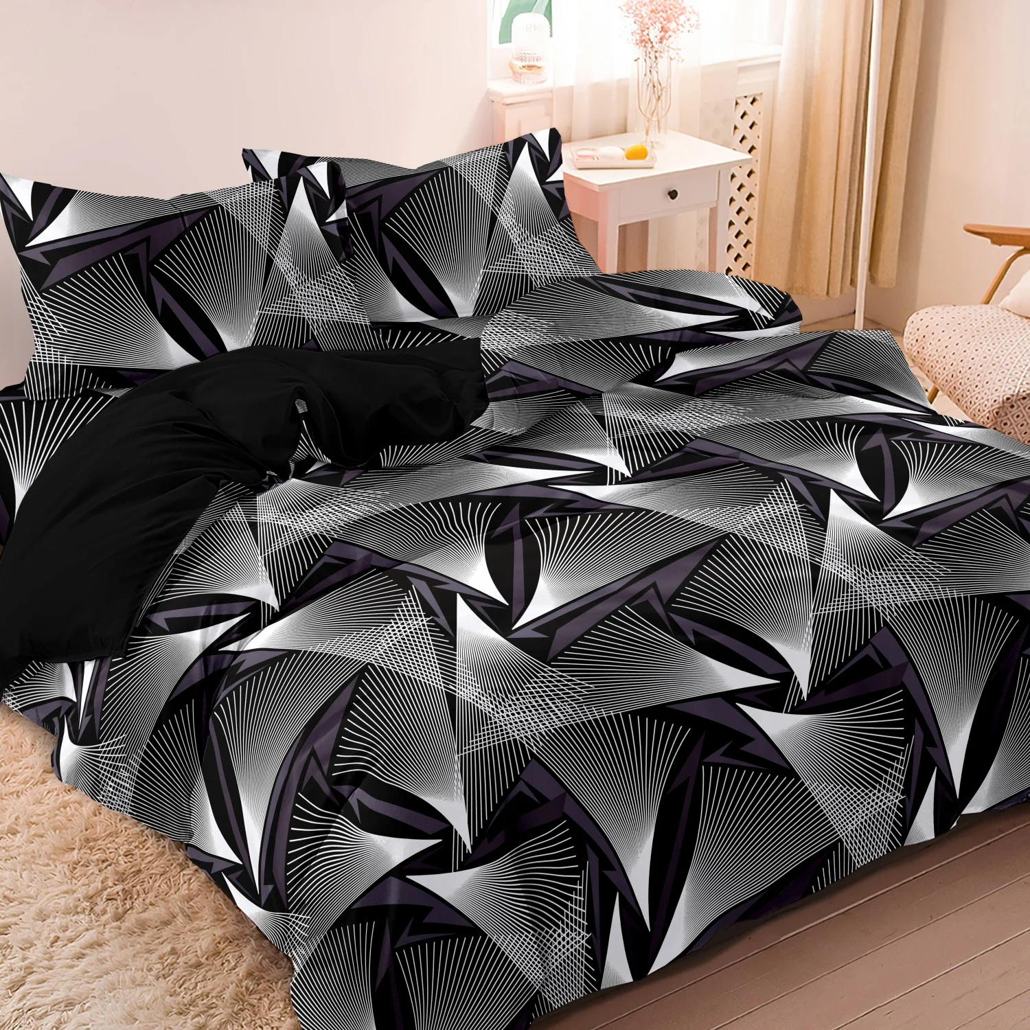 3Pcs Modern Geometric Triangle Print Duvet Cover Set, Black White Grey Abstract Radiant Line Fan Printed Bedding