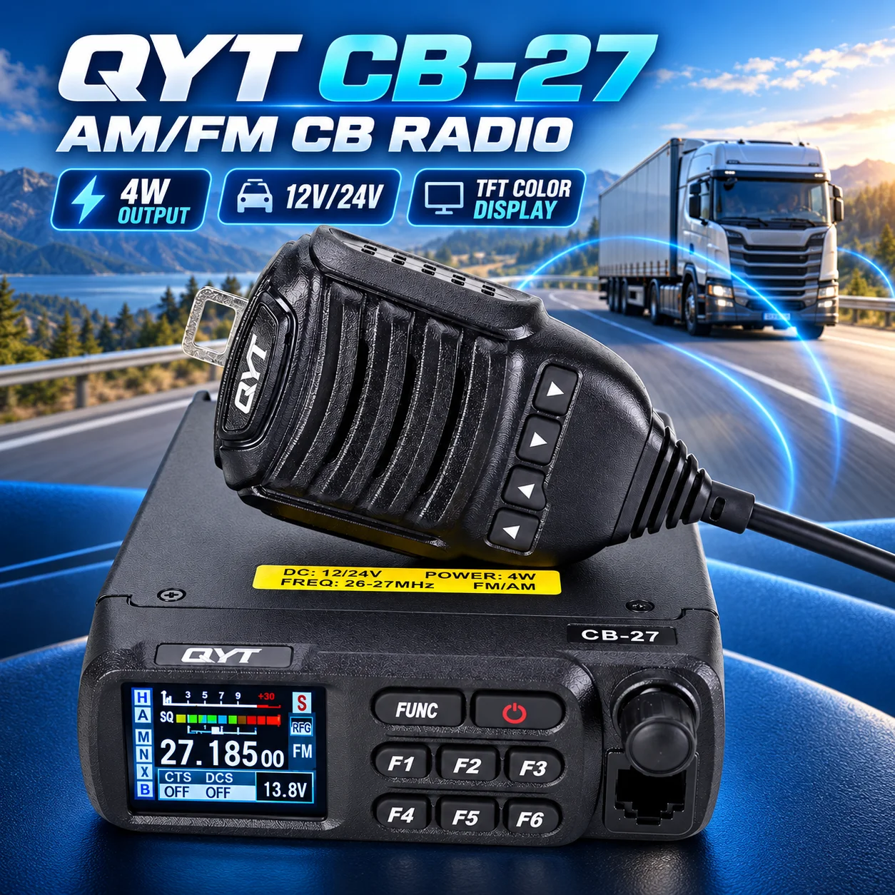 QYT CB-27 AM/FM CB Radio 4W 26.965-27.405MHz 12V/24V Color Screen Dual Watch Scan Mobile Transceiver for Truck RV
