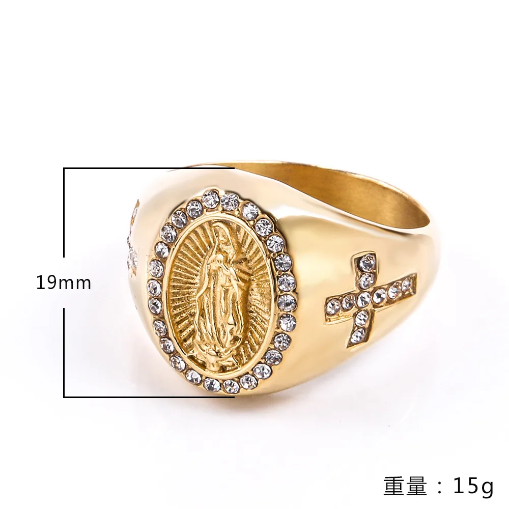 Vintage Catholic Virgin Mary Cross Stainless steel Ring gold silver color Religious Style Men's Ring Prayer Jewelry Gift