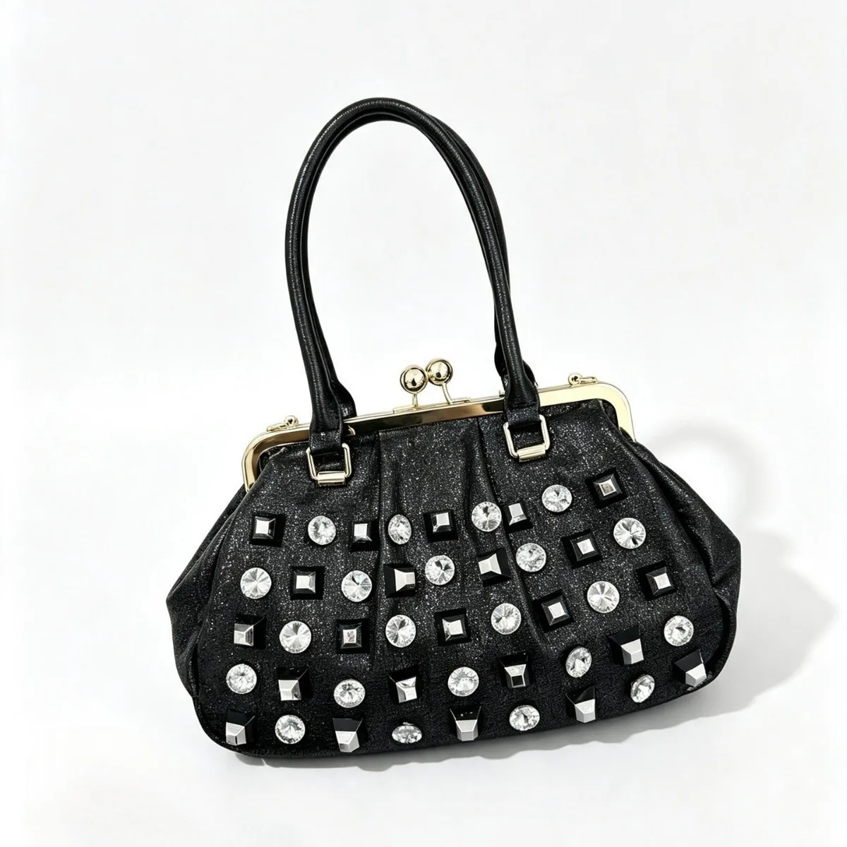 Women Shiny Rhinestone Decor Kiss Lock Handbag Glitter Vintage Top Handle Bag Fashion Detachable Strap Shoulder Crossbody Purse