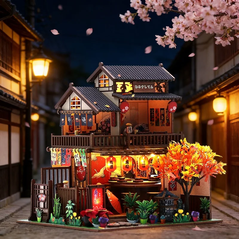 Sushi Restaurant 3D Puzzle Wooden Room Bedroom Decoration Doll House Model DIY Toy Mini Dollhouses Kits Suitable For Teenagers