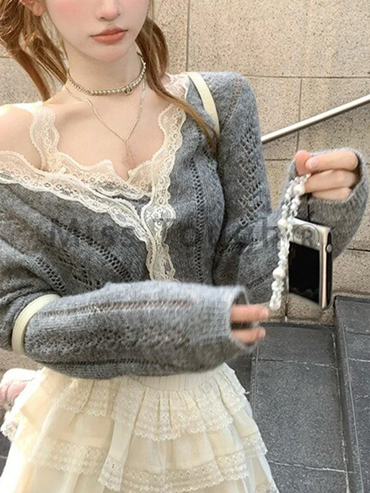 Korean Fashion Sweet 2 Piece Set Women Hollow Out Cardigan + Slim Vest + Short Skirt New Design Aesthetic Lace Cute Clothes 2024