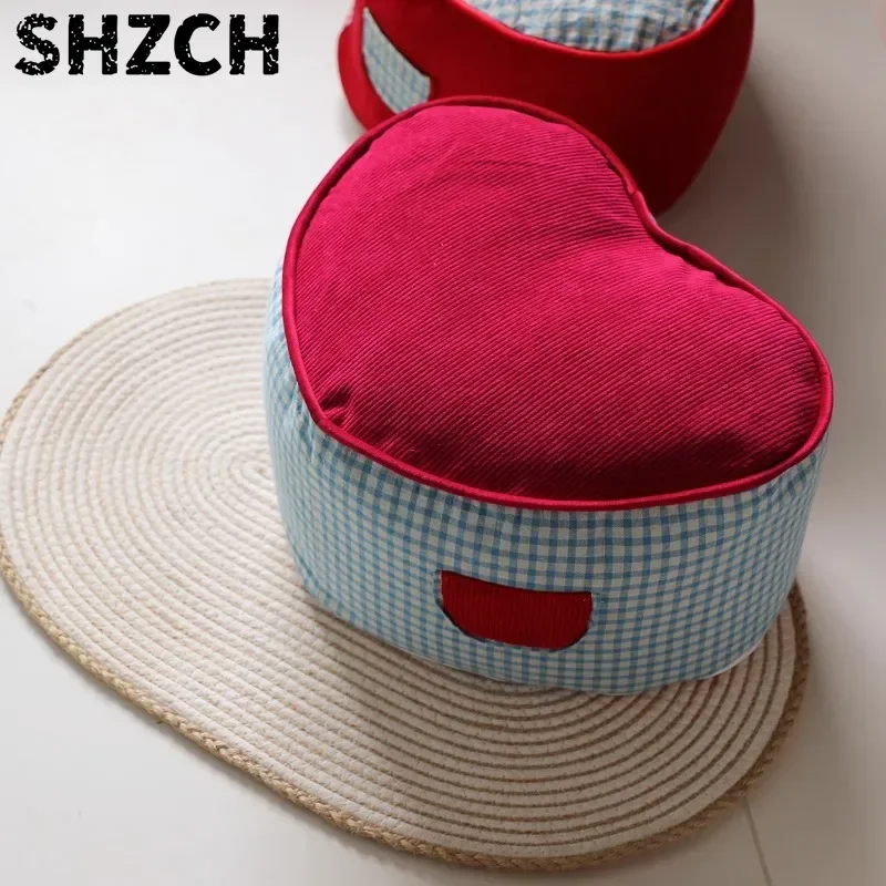 Fabric Heart Plaid Floor Cushion, Cute Entryway Shoe Stool, Removable Tatami Pouf, Cream Style Kids Room Footrest Seat