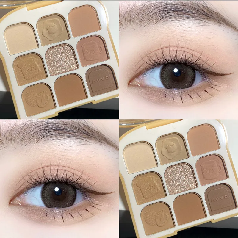 Paleta de sombra de ojos NOVO, 9 colores, Toast Matte Glitter, placa de ojos nacarada, paleta de maquillaje linda, sombra de ojos brillante de naturaleza duradera