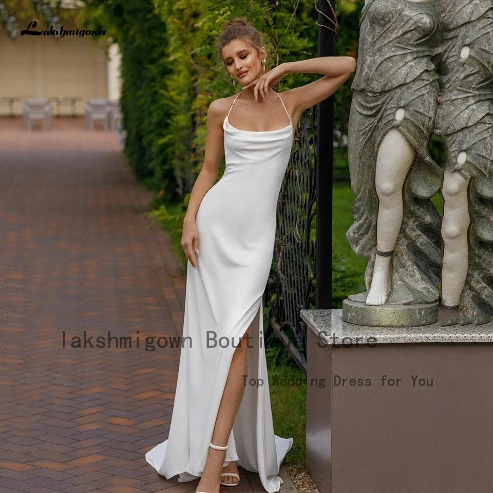 Lakshmigown ง่าย Sheath ชุดแต่งงาน Backless เซ็กซี่เจ้าสาวนุ่มซาติน Beach Party Gowns 2025 Robe De Mariage ด้านข้างแยก