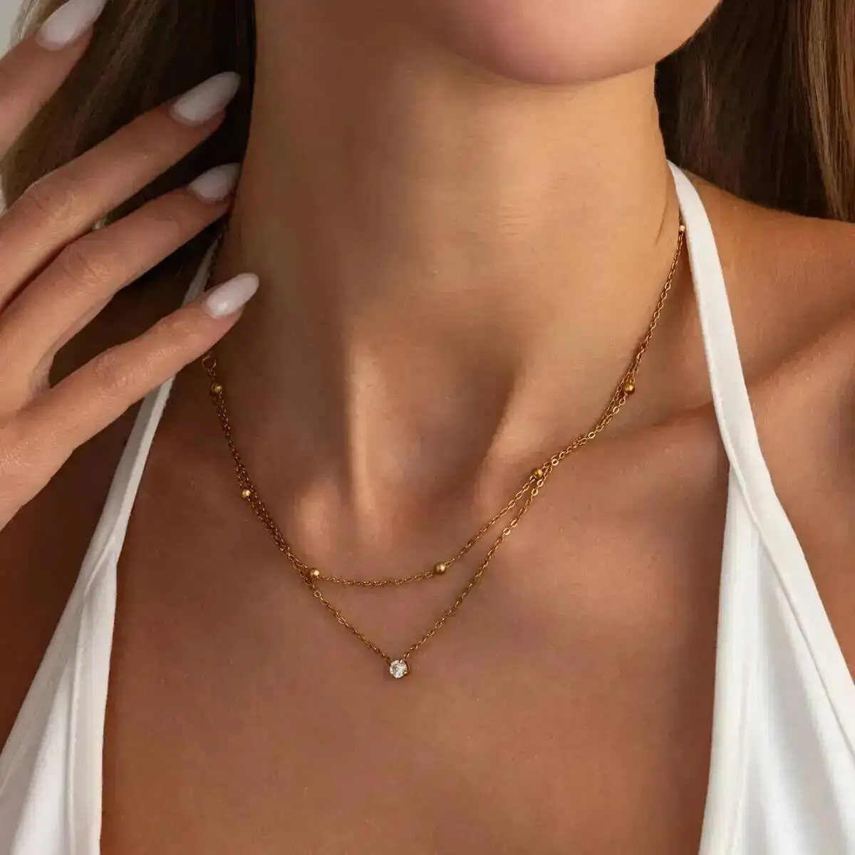 

Salircon Stylish Shiny Zircon Doublelayer Staniless Steel Pendant Necklace Waterproof 18k Gold Plated Choker Fashion Jewelry