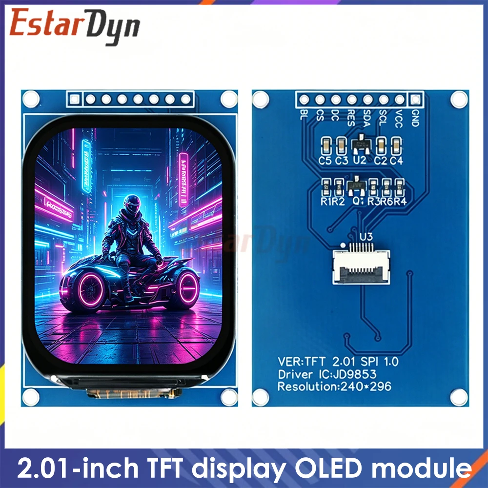 Tela LCD TFT de 2,01 polegadas, módulo de exibição de tela pequena JD9853 com resolução de 240x296, tela LCD colorida de 8 pinos, interface SPI