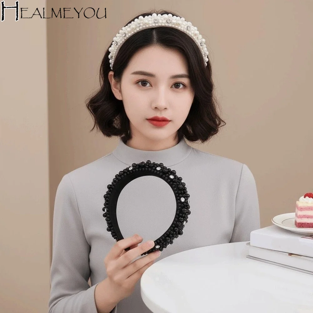 

High Top Structure Full Pearls Hair Hoop Elastic Plastic Base Luxury Style Rhinestone Wide Headpiece Elegant Handcrafted