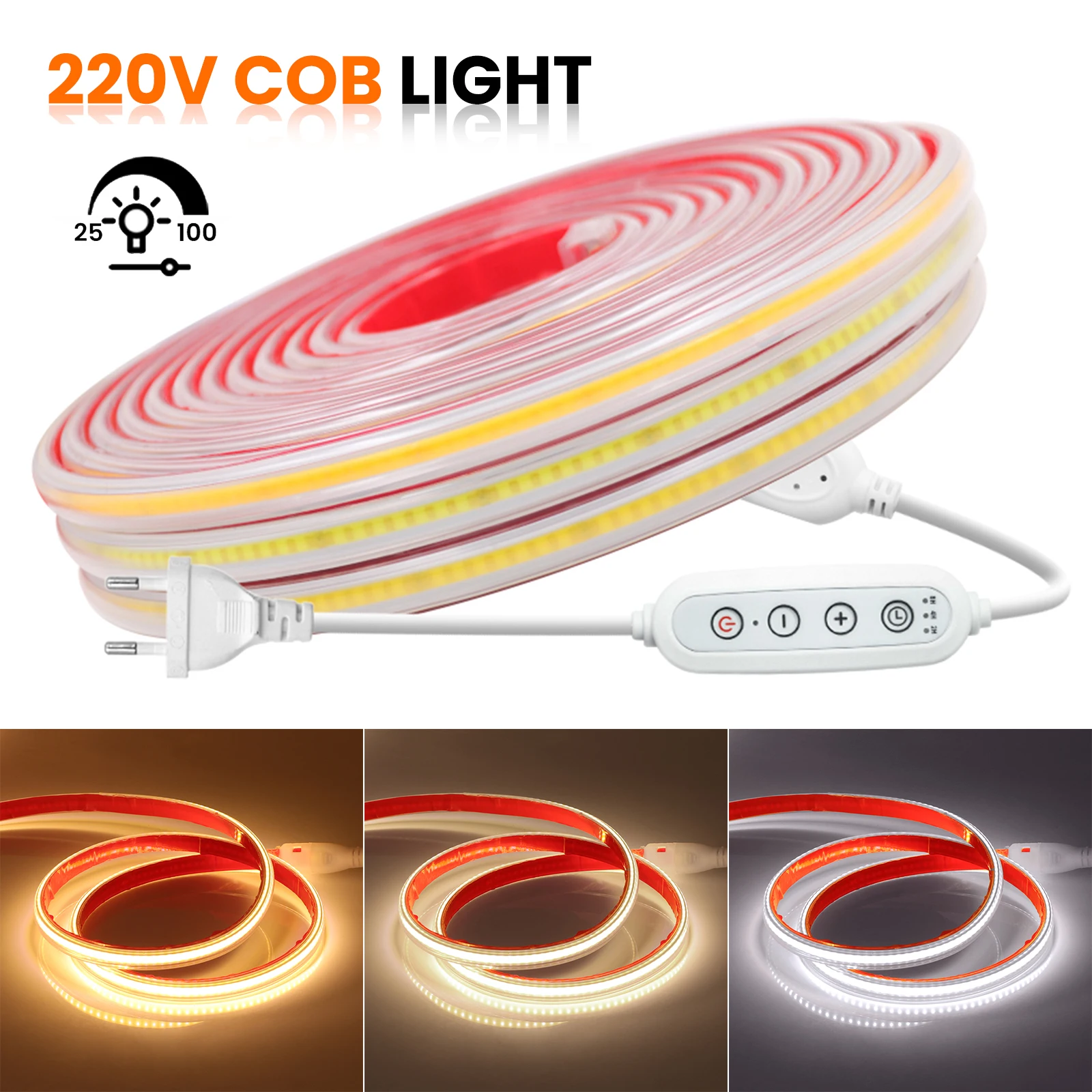 

AC 220V COB LED Strip Timing Dimmable Waterproof 288LEDs/M Flexible Light 3000K 4000K 6000K Warm White for DIY Home Decoration