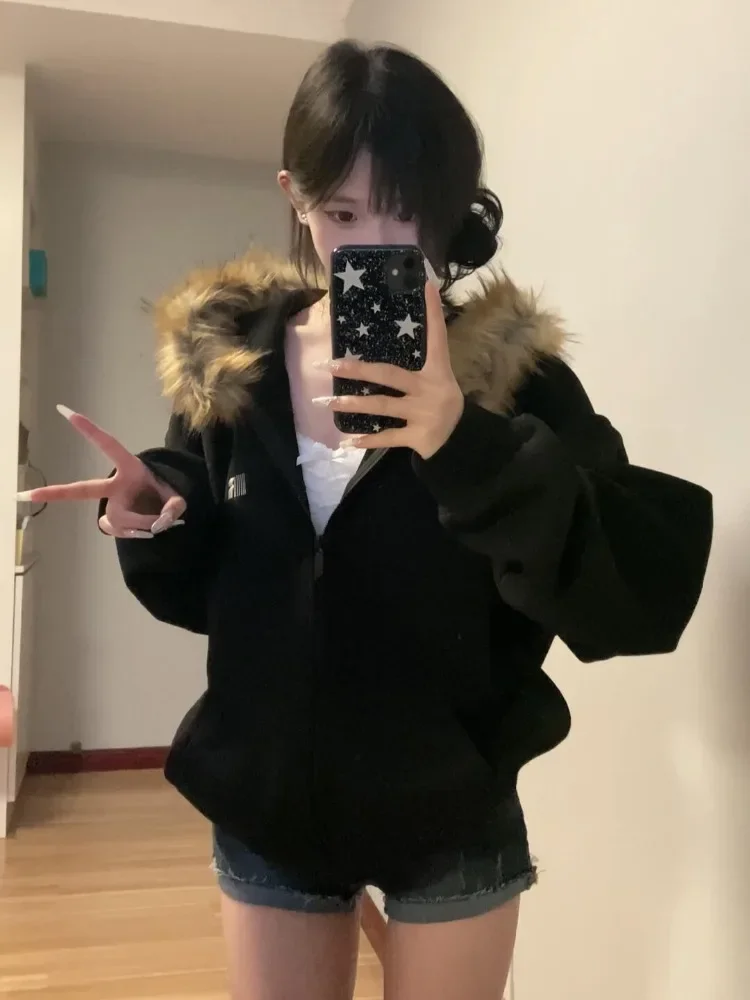 

Women Black Zipper Up Hoodies Vintage Korean Style Faux Fur Coat Oversized Casual Sweatshirt Harajuku Autumn Winter