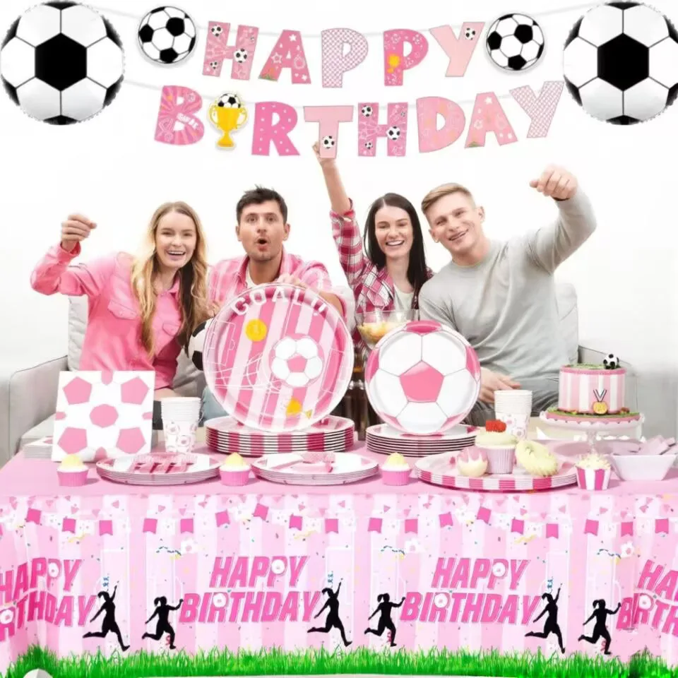 Neues Rosa Einweg-Fußball-Geschirr, Pappbecher, Teller, Servietten, Tischdecken, Geburtstagsfeiern, Feierlichkeiten, Partyzubehör – Detail 10