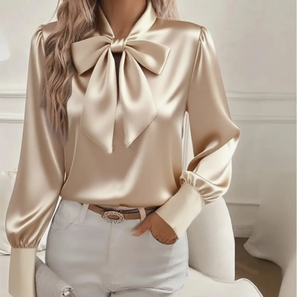 

Spring Summer Satin Elegant Shirt Solid Color Bow Casual Elegant Commuter Style Tops Long-sleeved Single-breasted Clothes