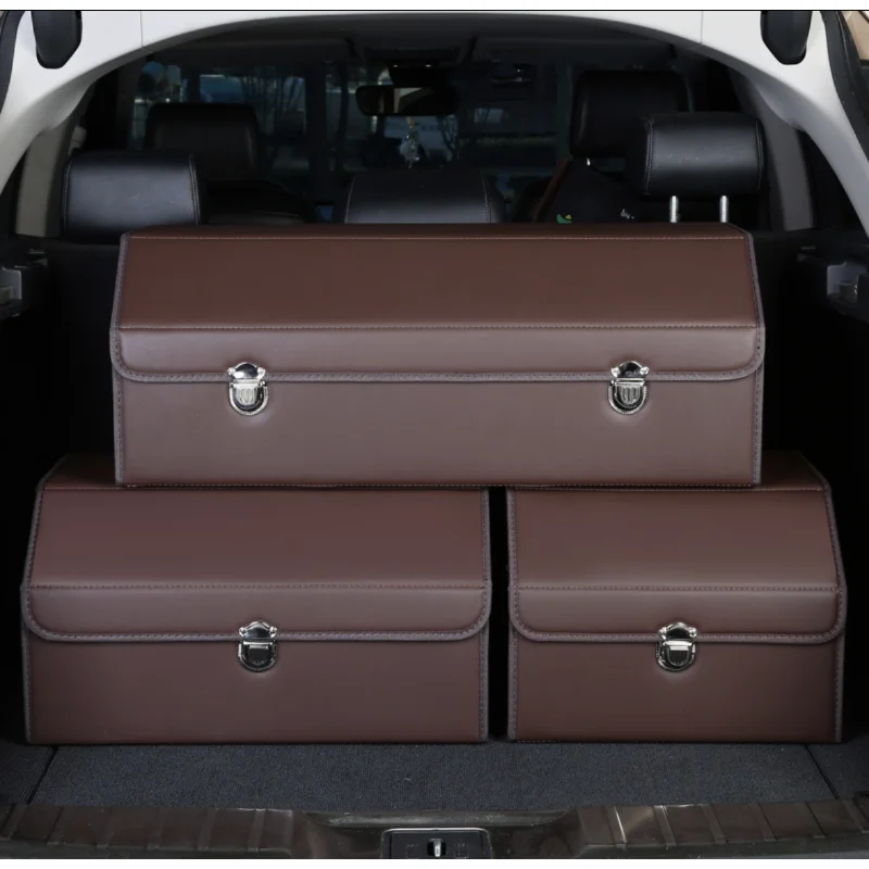 

Car Foldable Leather Car Storage Box with Multiple Compartments Multifunctional Adjustable Auto Grocery Storage Box