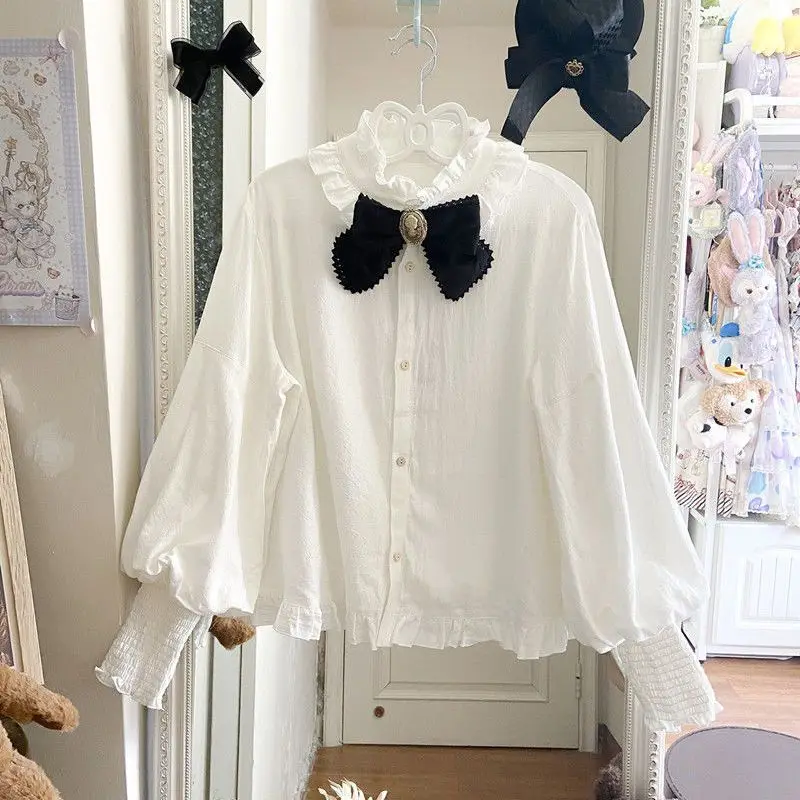 

NONSAR White Sweet Shirt Lolita Girl College Style Jk All Match Long Sleeve Blouse Women Spring Autumn Kawaii Elegant Bow Tops