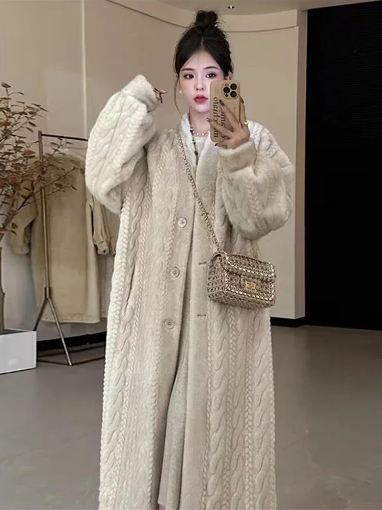 Thicken Faux Fur Coat Women 2024 Winter Long Sleeve Single Breasted Loose Female Midi Jacket Twists Knit Lady Fashion Outcoat