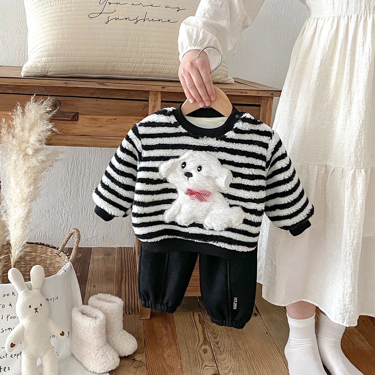 Korean Autumn Winter Baby Boys 2PCS Clothes Set Cartoon Dog Striped Pullovers Solid Plus Velvet Pants Suit Toddler Boy Tracksuit