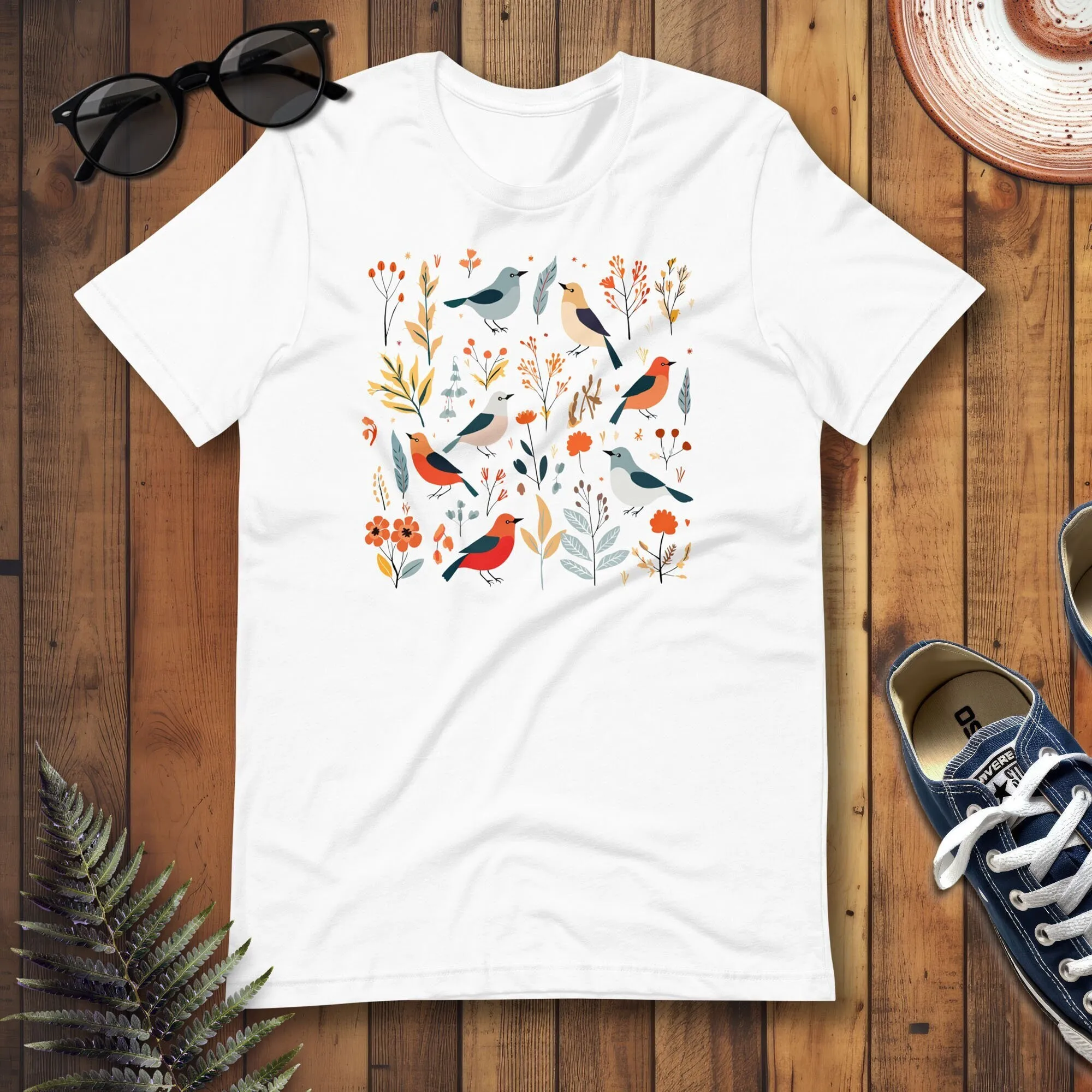 Colorful Botanical Birds T Shirt Cottagecore Nature Bird Pattern Lovers