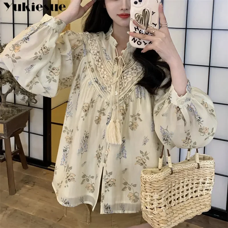 

Весенний новый женский милый топ, французская эстетика, нежная стильная блузка, женская фрагментированная шифоновая рубашка с воротником-стойкой и цветочным принтом