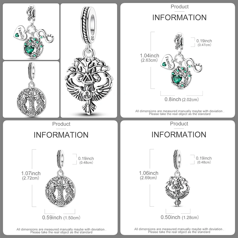 3-teiliges 925 Sterling Silber Lebensbaum-Charm-Set Familienbaum Herz Mond Sonne Schmetterling DIY Original Armband Halskette für Frauen – Detail 8