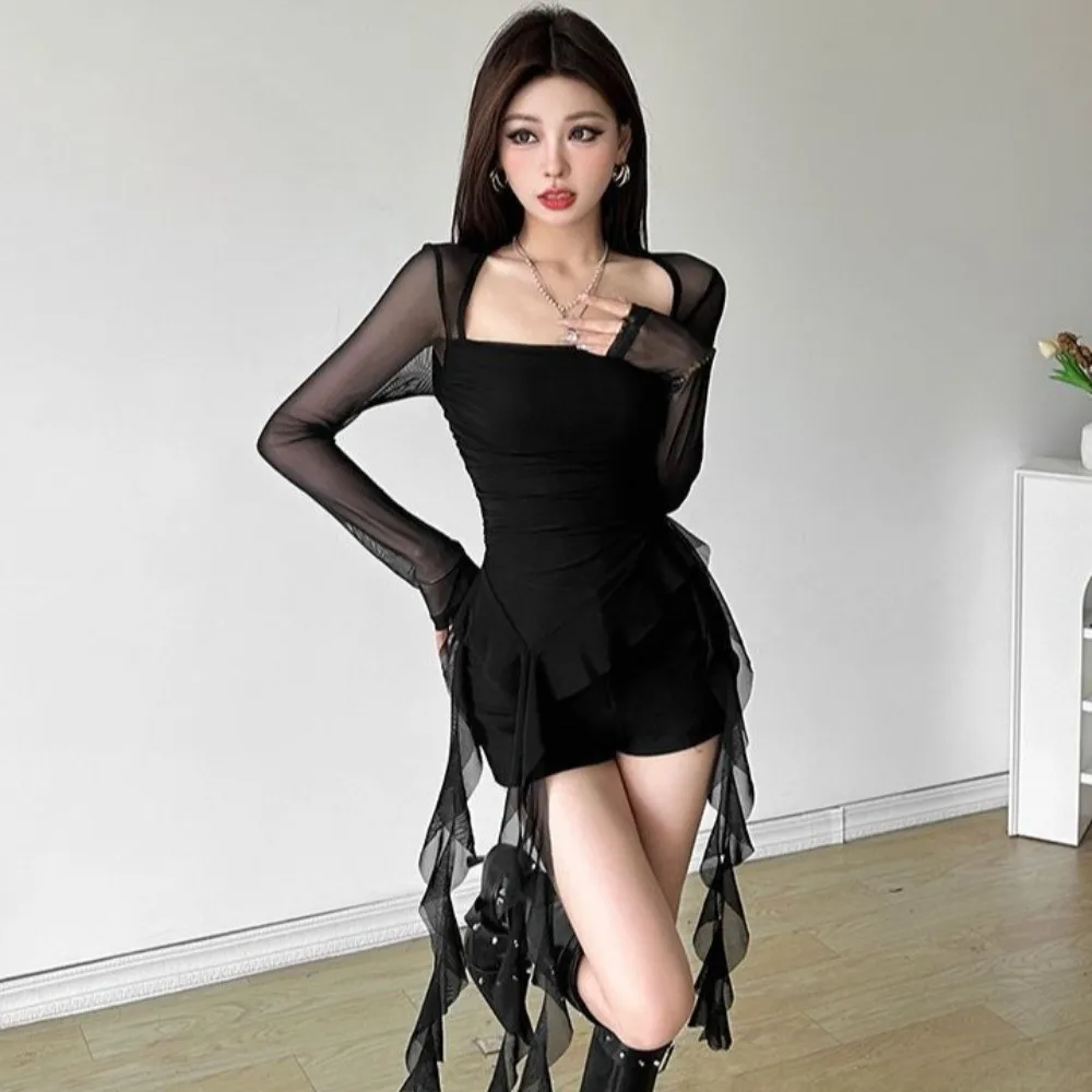 Streetwear Quallen-Mesh-Gürtel T-Shirt Elfen-Langarmshirt mit Plissiertem Kragen, Schmal Geschnittenes Crop-Top, Transparent, Außergewöhnlich – Detail 12