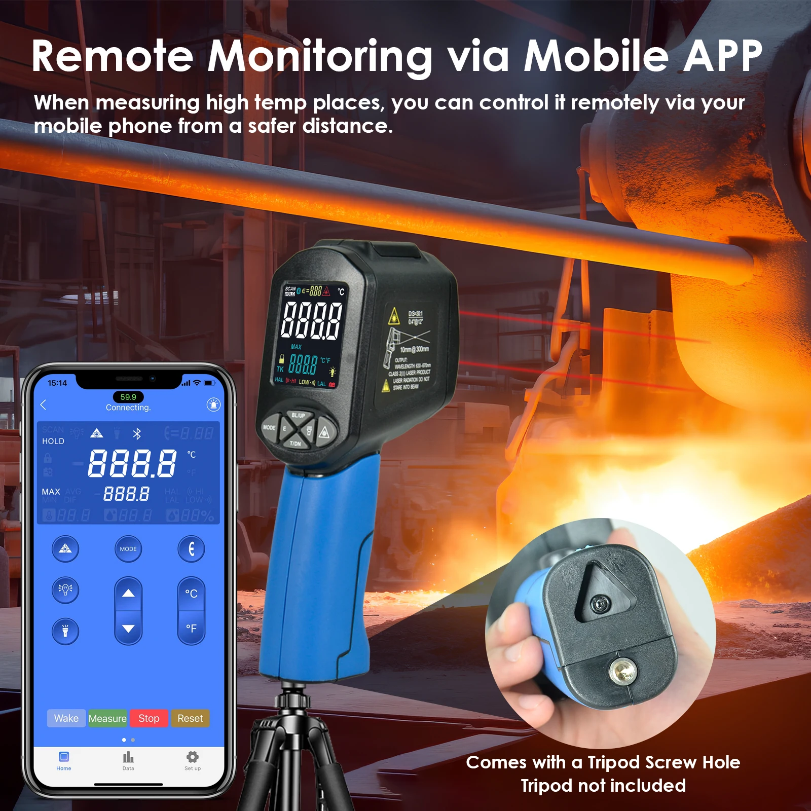 HOLDPEAK Pyrometer with Bluetooth, High Temp Infrared Thermometer -58℉~2876℉, Non-Contact Industrial Laser Thermometer Gun