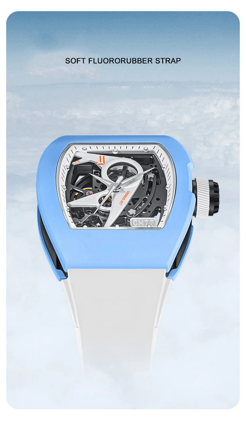 CRONUSART мужские автоматические часы Tonneau механические наручные часы скелетон светящийся фторкаучуковый ремешок оригинальный дизайн циферблат-авиатор