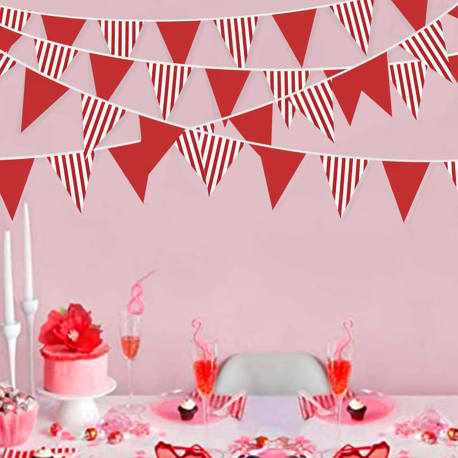 10M Red and White Banner Triangle Flag Bunting Garland Streamer for Carnival Circus Kids Birthday Wedding Outdoor Garden Hanging